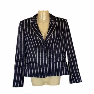 Marc Aurel Blazer Cotton Linen Blend Crop Jacket Nautical Navy White Pinstripe S